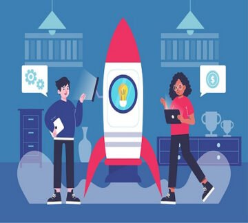 Two people standing in front of a rocket at one of the top AI startups.