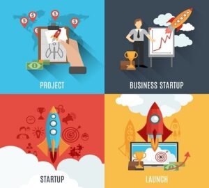 A collection of business startup icons featuring a rocket and a man holding a laptop, representing the top AI startups.
