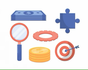 A set of icons featuring a magnifying glass and money.