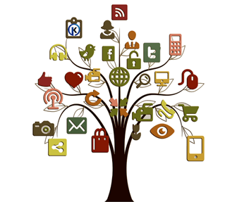 a tree adorned with various social media icons, promoting online products and digital marketing services.