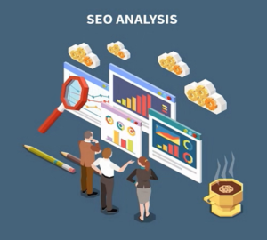 Isometric concept of SEO analysis using Rank Math SEO Tool and a magnifying glass.