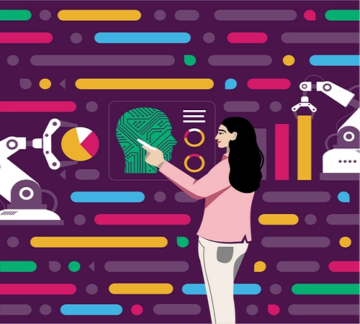 a woman is pointing to a robot in front of a colorful background during a slack conversation.