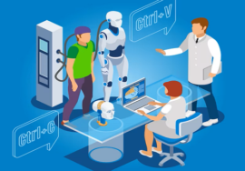 An isometric illustration featuring a group of people interacting with a speaking robot.