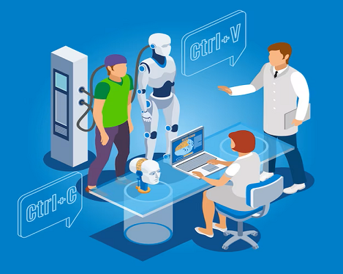 An isometric illustration featuring a group of people interacting with a speaking robot.