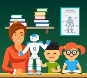 A teacher and children interact with a robot for educational purposes. ChatGPT for students 