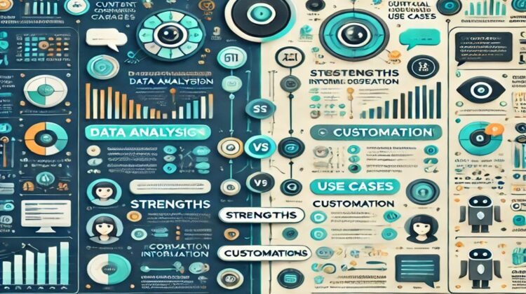 Infographic illustrating the DeepSeek and ChatGPT differences in features, strengths, and use cases for data analysis and customization. Includes charts, icons, and diagrams.