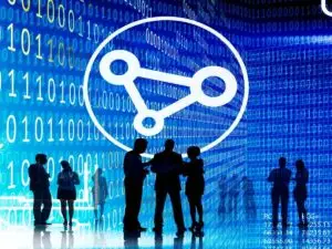 People stand against a digital backdrop of binary code and a large network node symbol, illustrating the DeepSeek and ChatGPT comparision