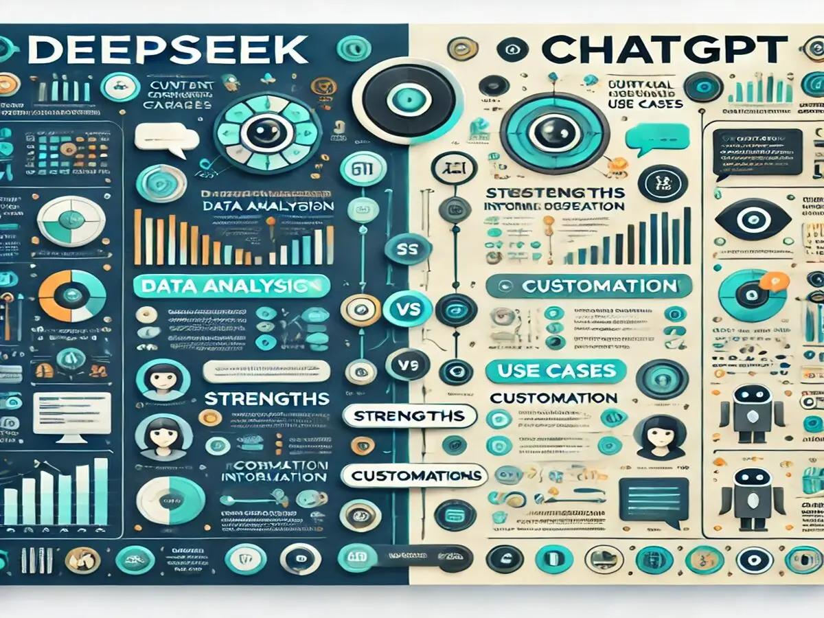 Infographic illustrating the DeepSeek and ChatGPT differences in features, strengths, and use cases for data analysis and customization. Includes charts, icons, and diagrams.