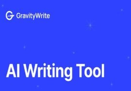 The blue graphic radiates with the GravityWrite logo and the text "AI Writing Tool," surrounded by small, star-like symbols that add a touch of magic.