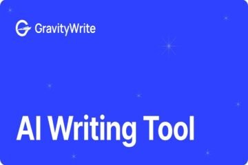 The blue graphic radiates with the GravityWrite logo and the text "AI Writing Tool," surrounded by small, star-like symbols that add a touch of magic.