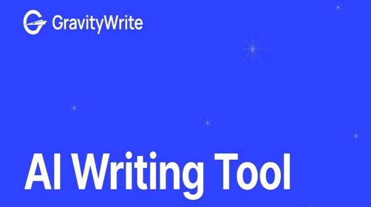 The blue graphic radiates with the GravityWrite logo and the text "AI Writing Tool," surrounded by small, star-like symbols that add a touch of magic.